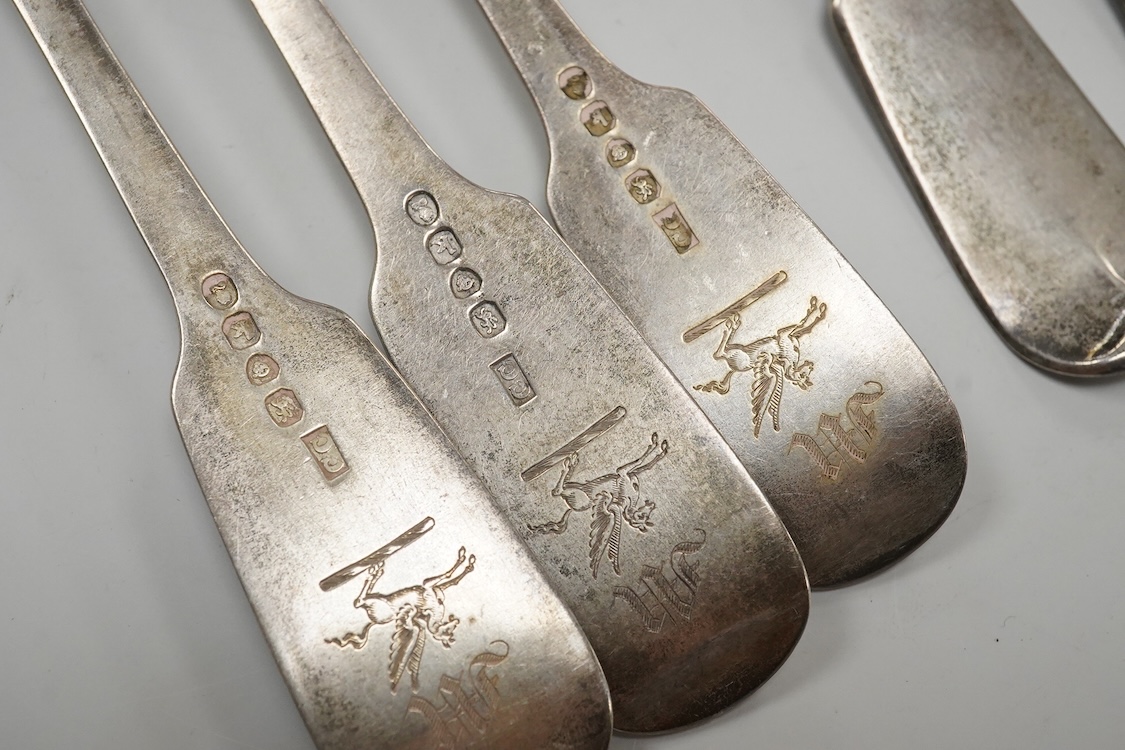 A set of six George IV silver fiddle pattern table forks, by Clement Cheese, London, 1825, 21cm, 13.9oz.